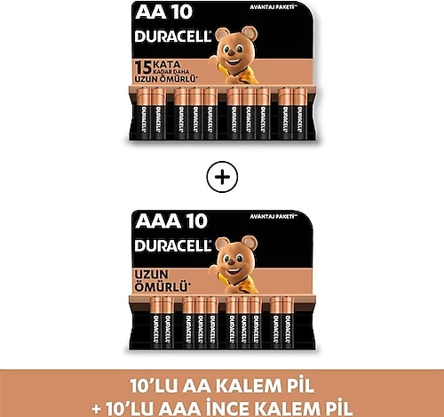 Duracell Alkalin AAA 10'lu Paket + Alkalin AA 10'lu Paket Piller