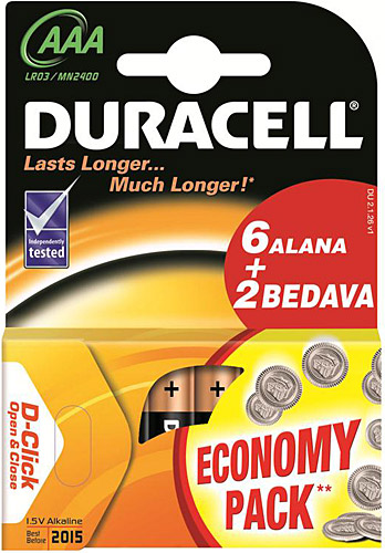 Duracell LR03/MN2400 8'li Alkalin AAA İnce Kalem Pil