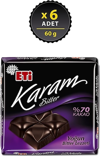 Eti Karam %70 Kakaolu 60 gr 6'lı Paket Bitter Çikolata