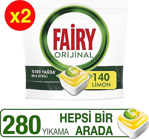 Fairy Hepsi Bir Arada Limon Kokulu Bulaşık Makinesi Deterjanı 2 x 140 Tablet