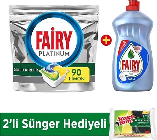 Fairy Platinum Limon Kokulu Bulaşık Makinesi Deterjanı 90 Tablet + Sıvı Bulaşık Deterjanı 500 ML + Sünger 2'li