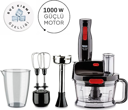 Fakir 1,5 L Geniş Hazneli, Blender, Buz Kırma, Çırpma, Dilimleme, Doğrama, Rendeleme,turbolu 2 Kademeli Çok Amaçlı Mutfak Robotu , Buz Kırma Fonksiyonlu - Siyah