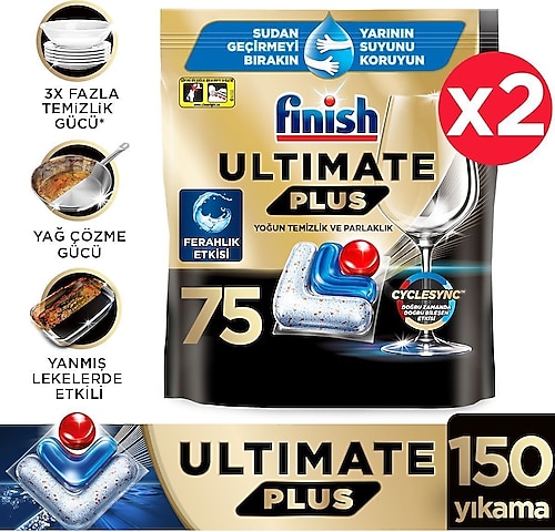 Finish Ultimate Plus Hepsi Bir Arada Bulaşık Makinesi Deterjanı Kapsül Tablet 150 Adet (75 x 2'li)