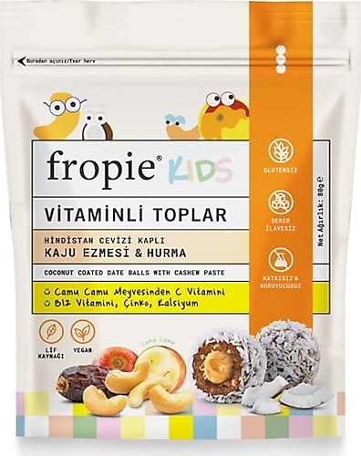 Fropie Kids Hindistan Cevizi Kaplı Kaju Ezmesi & Hurmalı Vitamin Topları 80 gr