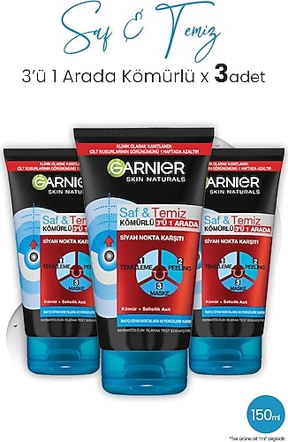 Garnier Kömür Saf & Temiz 3'ü 1 Arada Siyah Nokta Karşıtı Peeling Maske 3 x 150 ML