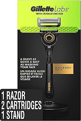 Gillette Labs Erkek Tıraş Bıçağı, Peeling Çubuklu Tıraş Seti, Erkekler için Tıraş Seti, 1 Kulp, 2 Tıraş Bıçağı Yedekleri, 1 Premium Manyetik Stand, Siyah ve Altın, Erkekler için Jilet