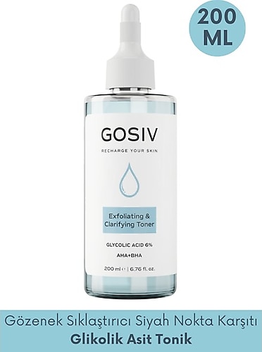 Gosiv Gözenek Sıkılaştırıcı Siyah Nokta Karşıtı Tonik (Glycolic Acid 6% + AHA BHA) 200 ML
