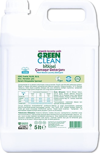 Green Clean Organik Lavanta Yağlı Bitkisel Çamaşır Deterjanı 5lt