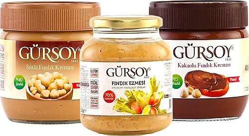 Gürsoy 3'lü Tanışma Paketi (400 G Fındık Ezmesi + 400 G Kakaolu Fındık Kreması + 320 G Şekerli Fındık Ezm.) - 1,2 kg
