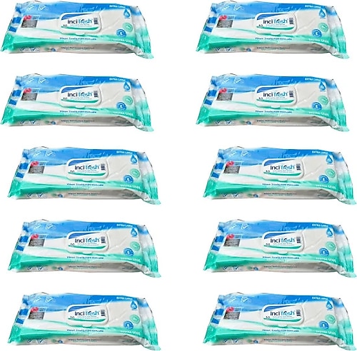 İnci Fresh Islak Vücut Temizleme Havlusu Mendil - Vitamin E + B5 - Parabensiz - 50 Adetlik 10 Paket
