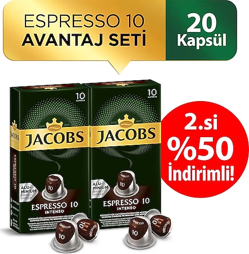 Jacobs Espresso 10 Intenso Kapsül Kahve 10'lu 2 Adet