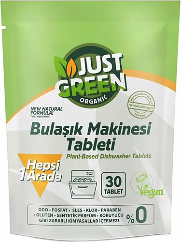 Just Green Organic 30'lu Bulaşık Makinesi Tableti