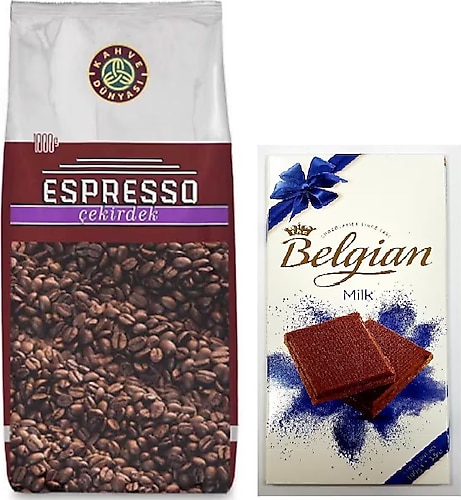 Kahve Dünyası Espresso Çekirdek 1 kg ve Ikea Belgian Milk Chocolate 100 gr