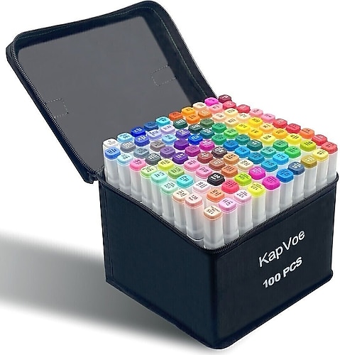 KAPVOE 100 Adet Çift Uçlu Touch Marker Art Tasarım Keçeli Kalem Boya Seti+ düzenliyici Stand + çanta