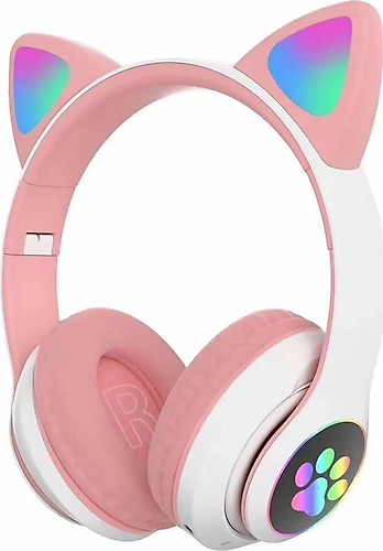 Karler STN-28 Mikrofonlu LED Işıklı Kulak Üstü Kedi Bluetooth Kulaklık Pembe