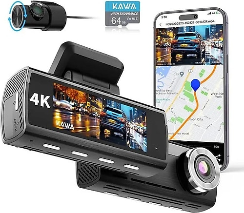 Kawa D8 2 Kameralı Ön / Arka 4K + 1080P Sony Starvis Sensörlü Türkçe Wi-Fi Gps'li Araç Kamerası