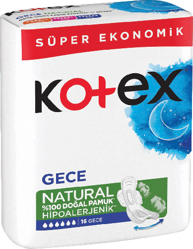 Kotex Natural Hipoalerjenik Gece Hijyenik Ped 16'lı