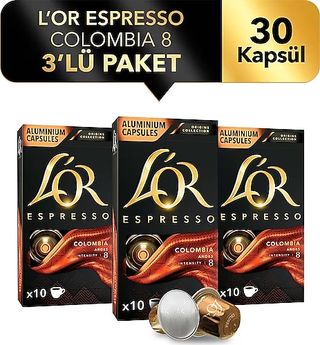 L'Or Espresso Origins Collection Colombia Intensity 8 Alüminyum Kapsül Kahve 10'lu 3 Adet