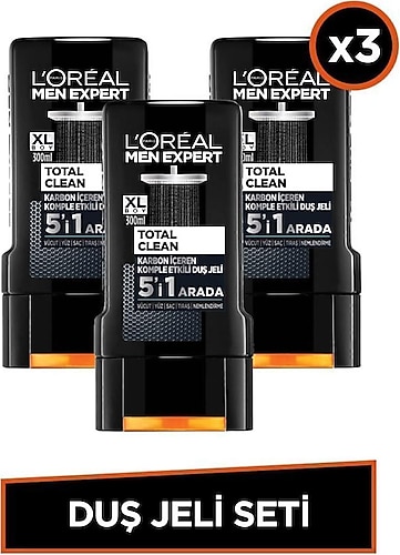 L'Oreal Paris Men Expert Total Clean 5'i 1 Arada Kömürlü Duş Jeli 300 Ml 3'lü Set