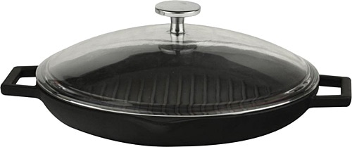 Lava Döküm 30 cm Yuvarlak Metal Kulplu Cam Kapaklı Izgara Tava