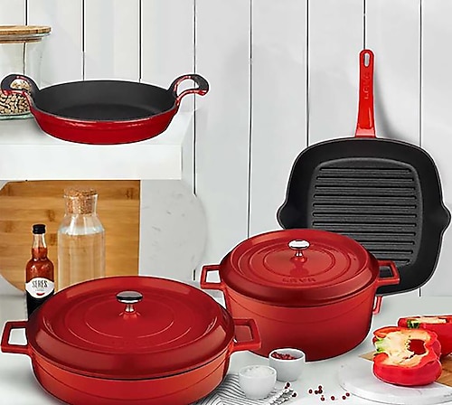 Lava Trendy 6 Parça Döküm Demir Tencere Tava Seti Kırmızı