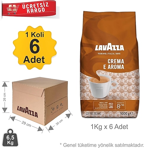 Lavazza Crema E Aroma Çekirdek Kahve - Kahverengi - 1 Koli - 6 x 1 KG