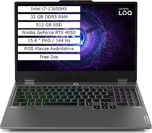 Lenovo LOQ 15IRX9 83DV00G7TR03 i7-13650HX 32 GB 512 GB SSD RTX4050 15.6" Dos FHD Dizüstü Bilgisayar