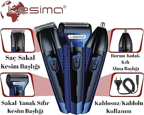 Lesima 3 Başlıklı Saç Sakal Yanak Burun Ense Tıraş Makinesi Traş Bakım Seti