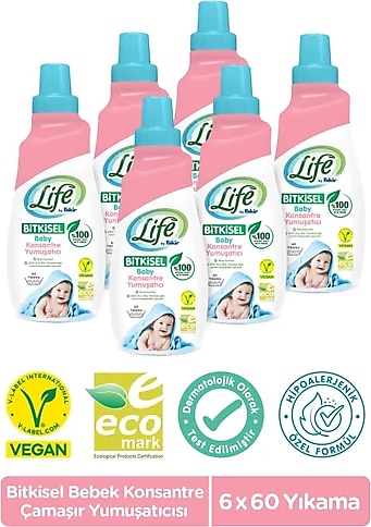 Life By Fakir %100 Bitkisel Bazlı Konsantre Bebek Çamaşır Yumuşatıcısı 60 Yıkama 1500 ml 6 Adet