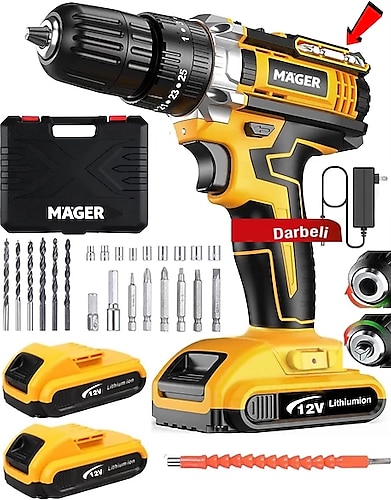 Mager Darbeli Yedek Akülü Su Terazi Göstergeli Metal Şanzıman Usta Setli Çantalı Şarjlı Vidalama Matkap
