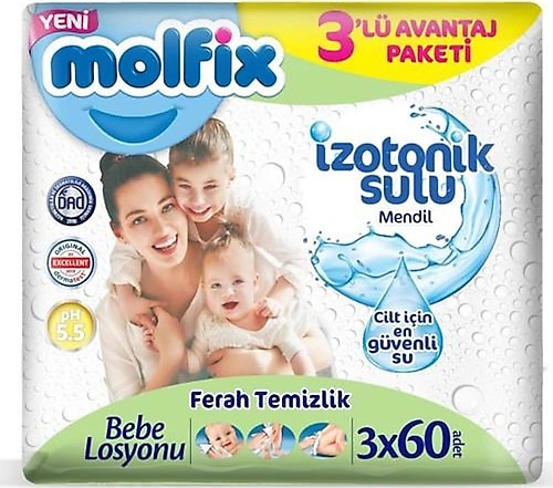 Molfix İzotonik Sulu Ferah Temizlik 60 Yaprak 3'lü Paket Islak Mendil