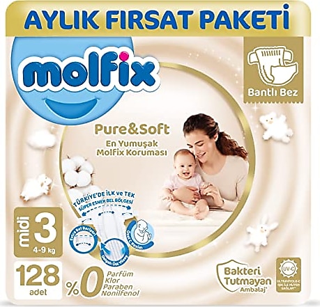 Molfix Pure&Soft 3 Beden Midi 128'li Bebek Bezi