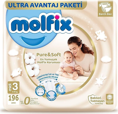 Molfix Pure&Soft 3 Numara Midi 196'lı Bebek Bezi