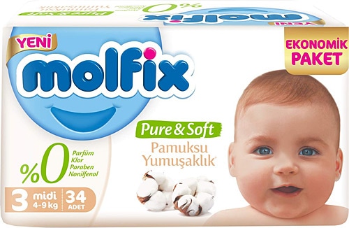 Molfix Pure&Soft 3 Numara Midi 34'lü Ekonomik Paket Bebek Bezi