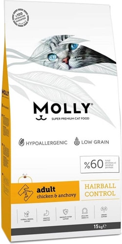 Molly Hairball Düşük Tahıllı Tavuk Etli ve Hamsili 15 kg Yetişkin Kuru Kedi Maması