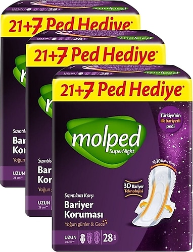 Molped SuperNight Yoğun Günler & Gece Uzun Hijyenik Ped 28'li 3 Adet