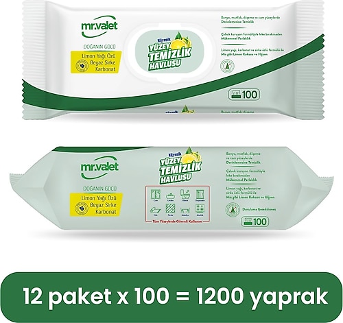 Mr Valet YÜZEY TEMİZLİK HAVLUSU LİMON YAĞI ÖZÜ-BEYAZ SİRKE-KARBONAT 100 ADET X 12'Lİ