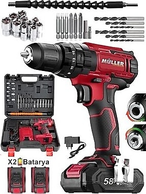Müller Germany 58 V 10 Ah Çelik Şanzuman Bakır Sargılı Çift Akülü Şarjlı Matkap Vidalama 27 Parça Set