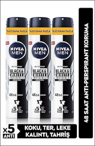 NIVEA MEN Erkek Sprey Deodorant Black&White Invisible Original 48 Saat Anti-perspirant Koruma 200mlx3Adet