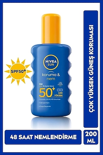 NIVEA Sun Güneş Koruyucu 200ml, SPF50, Nemlendirici, UVA/UVB Koruması, Suya Dayanıklı