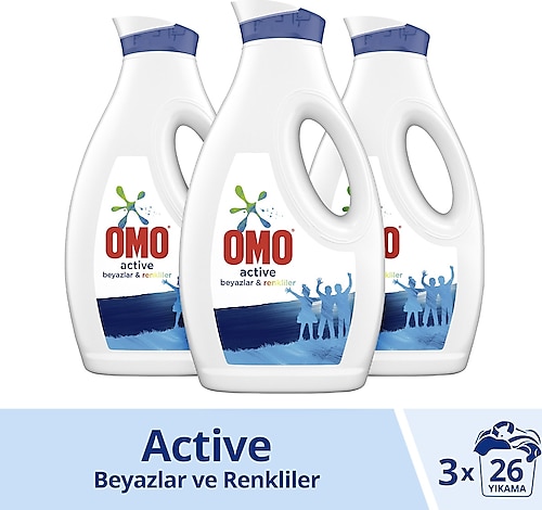 Omo Active Beyazlar ve Renkliler için Sıvı Deterjan 26 Yıkama 1.69 lt 3'lü