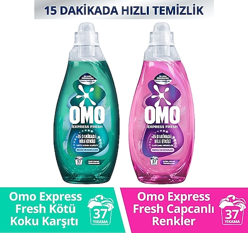 Omo Express Fresh Kötü Koku Karşıtı Beyaz ve Renkliler + Capcanlı Renkli ve Siyahlar için Deterjan 2 x 1480 ML
