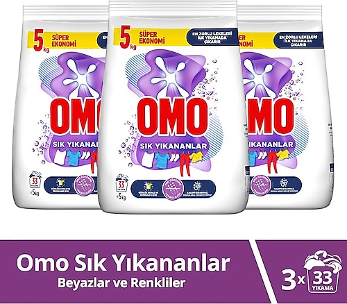 Omo Sık Yıkananlar Beyazlar ve Renkliler için 5 kg 3'lü Toz Deterjan