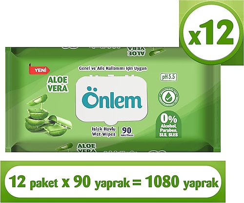 Önlem Aloe Vera 90 Yaprak 12'li Paket Islak Mendil