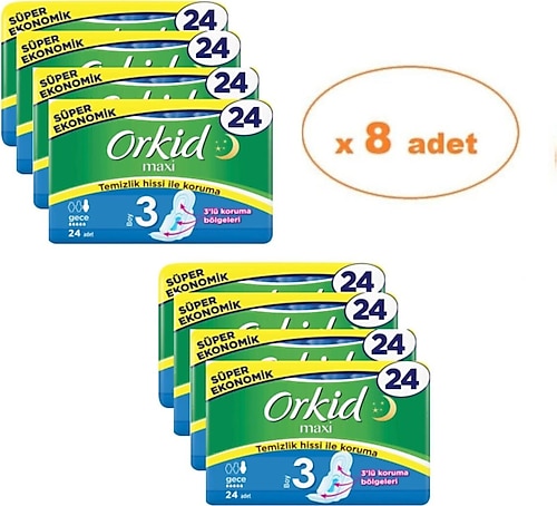 Orkid Maxi Gece Boy 3 Hijyenik Ped 24'lü 8 Adet
