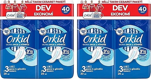 Orkid Ultra Extra Gece Boy 3 Cesaret Paketi Hijyenik Ped 40'lı 2 Adet