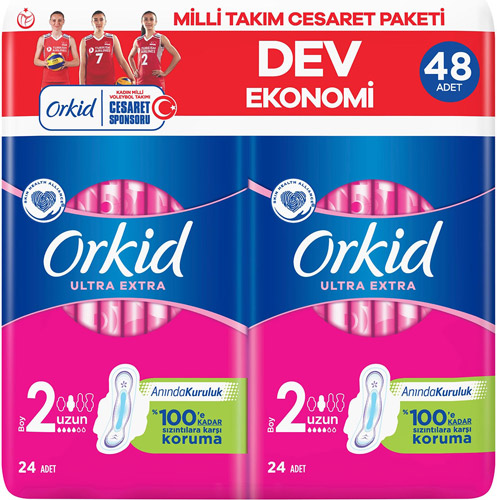 Orkid Ultra Extra Uzun Boy 2 Cesaret Paketi Hijyenik Ped 48'li
