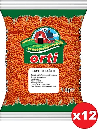 Orti Kırmızı Mercimek 1 Kg. x 12 Adet