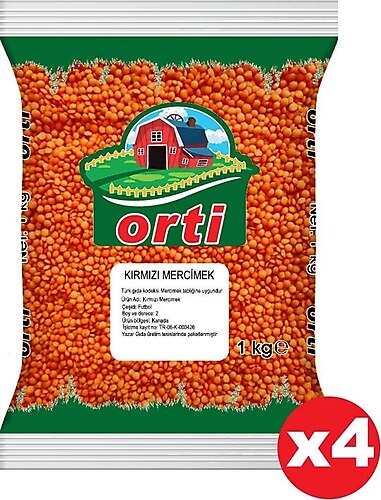 Orti Kırmızı Mercimek 1 Kg. x 4 Adet