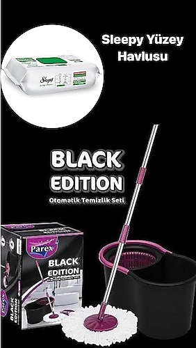 Parex Black Edition Otomatik Temizlik Seti - Kova Mop Seti--Sleepy Easy Clean Yüzey Temizlik Havlusu